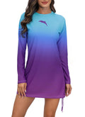 Halcurt Women's Long Sleeve Rash Guard Swim Shirt with Tie Drawstring UPF 50+ Sun Protection Swimsuit Top Ombre Blue Purple M