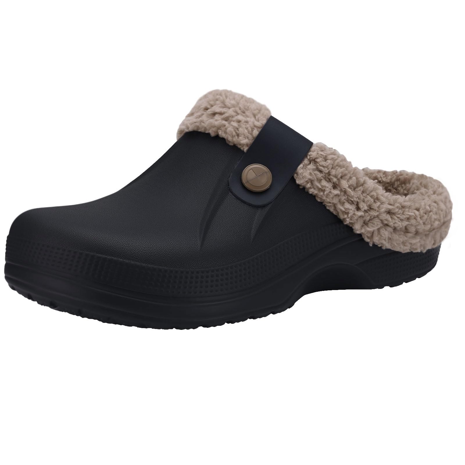 Beslip Classic Fur Lined Clogs Waterproof Winter Fuzzy Slippers for Women Men Indoor and Outdoor Indoor and Outdoor, Black and Khaki Women Size 6-7