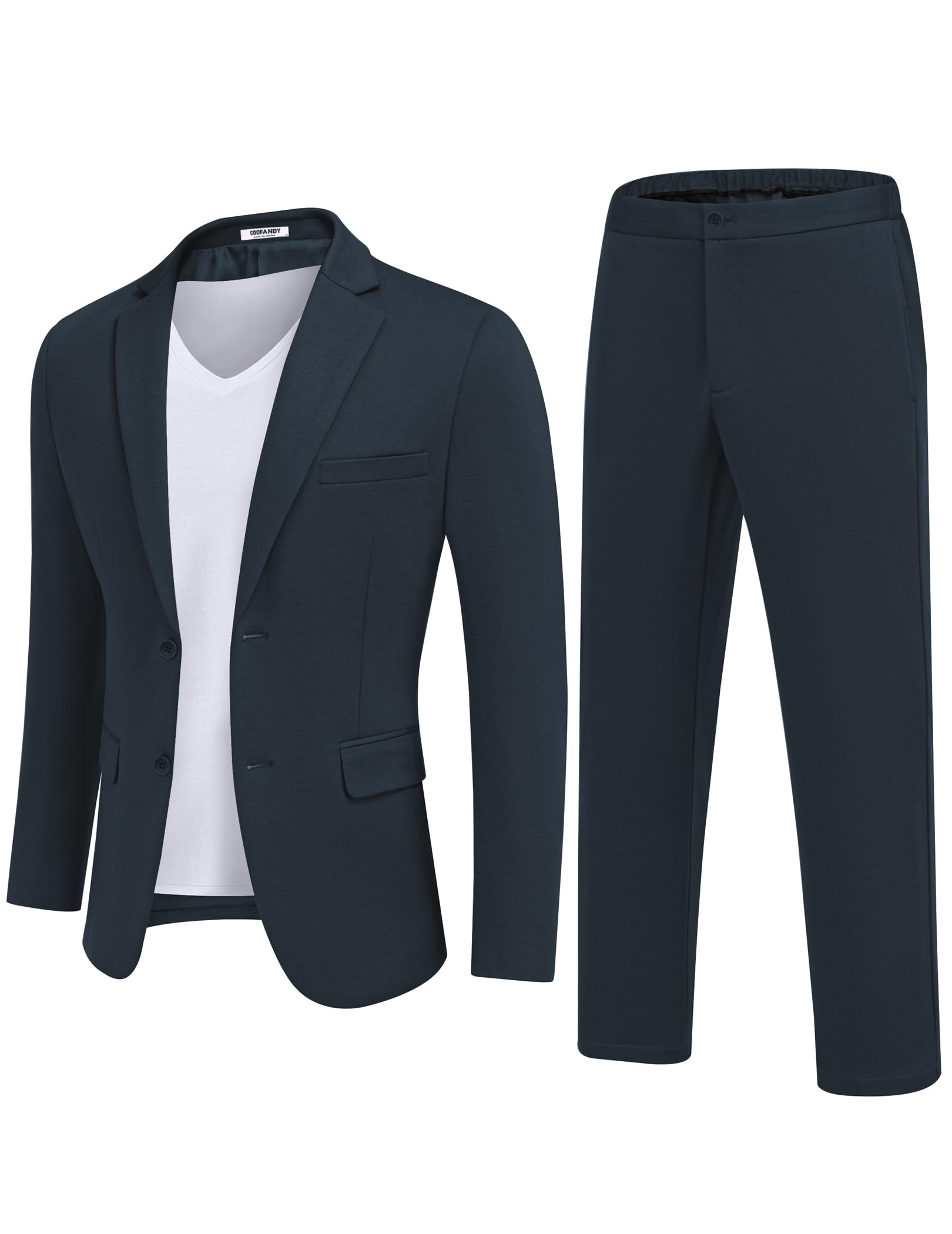 COOFANDY Men's Suits 2 Piece Slim Fit Suit Set 2 Button Lightweight Casual Knit Blazer Suit Jacket Pants Navy Blue