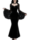InGoticos Women Gothic Sexy Lace Patchwork Sleeve Fishtail Velvet Goth Dress Without Choker & Umbrella Black