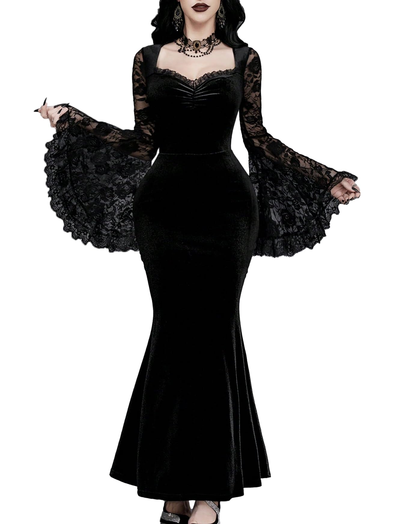 InGoticos Women Gothic Sexy Lace Patchwork Sleeve Fishtail Velvet Goth Dress Without Choker & Umbrella Black