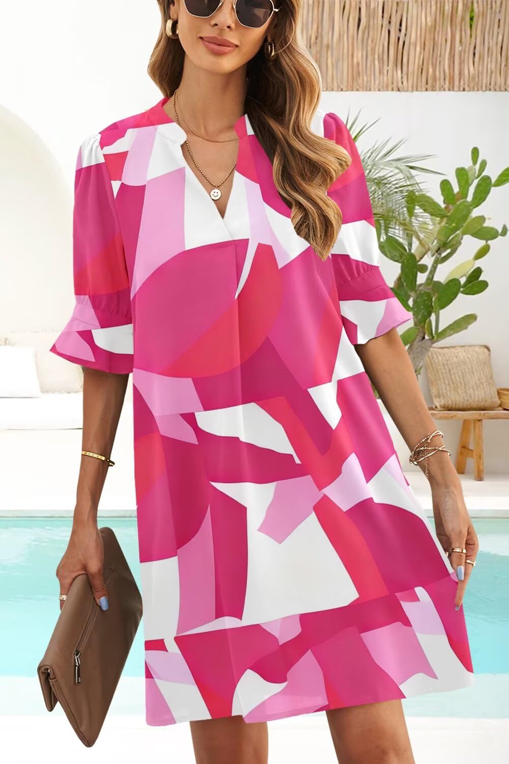 QACOHU Women's Ruffle Dresses Short Sleeve V-Neck Straight Casual Boho Elegant Simple Tunic Dress Pink White Block L
