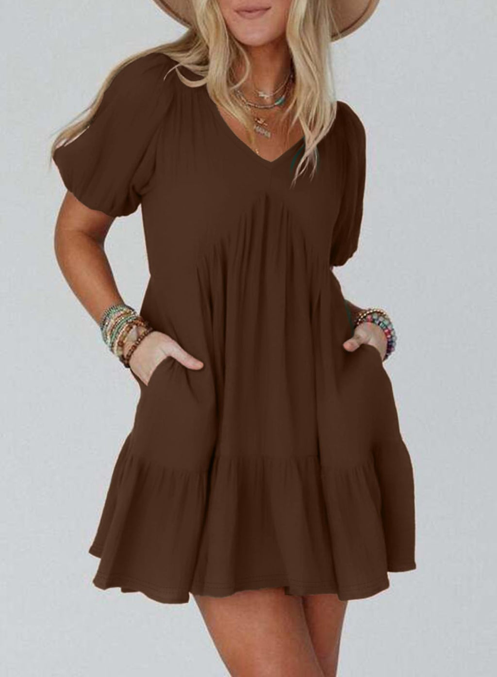 Acelitt Women's Summer Dresses 2026 Beach Casual Deep V Neck Loose Sundress Short Sleeve Mini Dress with Pockets Chicory Coffee Small