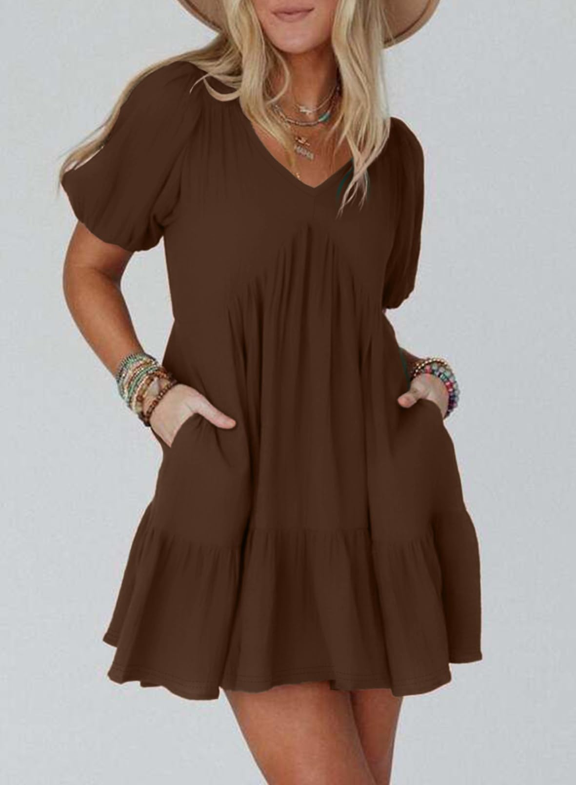 Acelitt Women's Summer Dresses 2026 Beach Casual Deep V Neck Loose Sundress Short Sleeve Mini Dress with Pockets Chicory Coffee Small