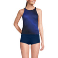 Lands' End Women's Tugless High Neck Strappy Back Tankini Top 2 Blue Wavy Ombre