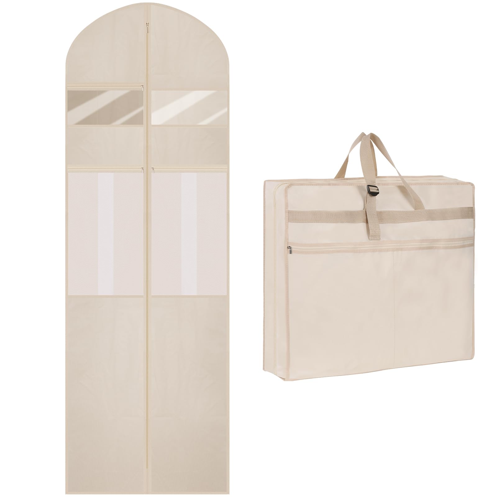 TANGKA Wedding Dress Garment Bag,72’ Tri-Fold Bridal Gown Bag with 6 Pouches and Adjustable Buckle Gown Cover for Wedding/Prom/Travel/Closet Storage (Beige)