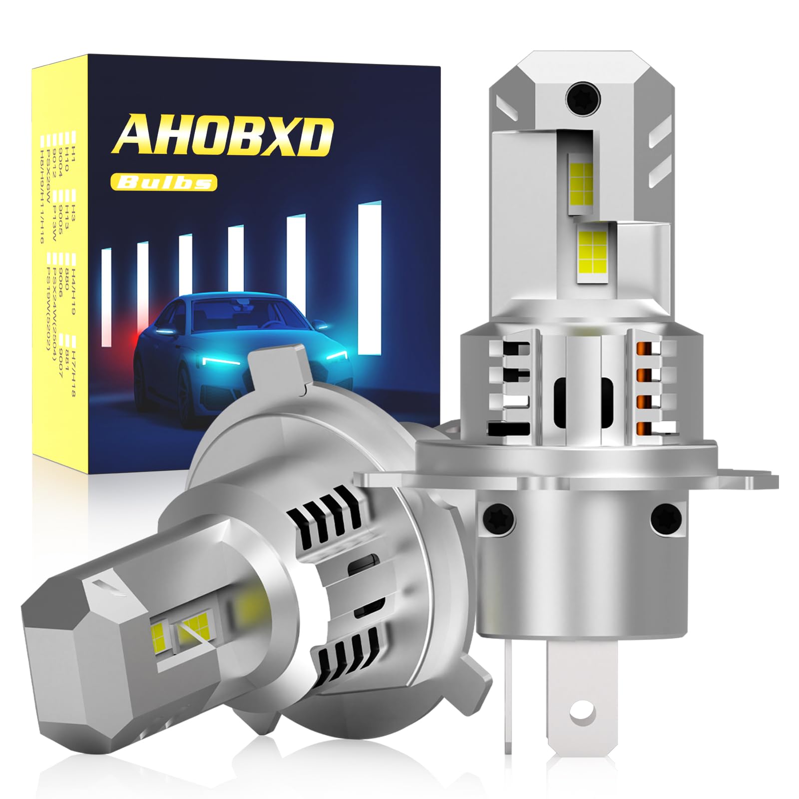AHOBXD Upgraded H4 Bulbs Super Bright 60000LM Brightness 900% White H4/9003 Car Light Bulbs Cooling Fan 1:1 Halogen Size 100000hrs Long Lifespan Plug and Play Fog Lights Pack of 2
