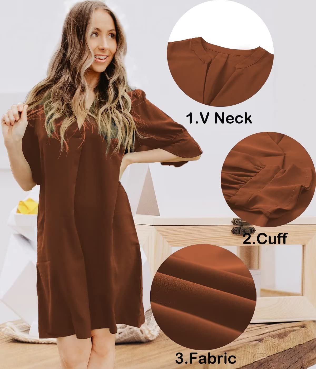 QACOHU Women's V-Neck Short Sleeve Summer Mini Dress Breathable Soft Tunic Dress Brown L