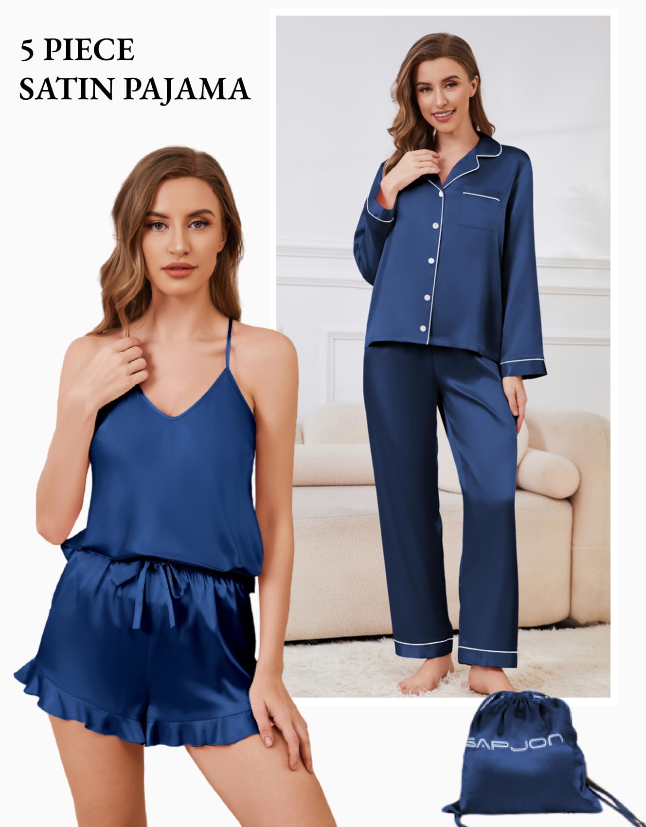 SAPJON Satin Silk Pajamas for Women Set 5PCS Classic Button Down Pajamas Top and Pants Cami and Ruffle Shorts Sleepwear Navy