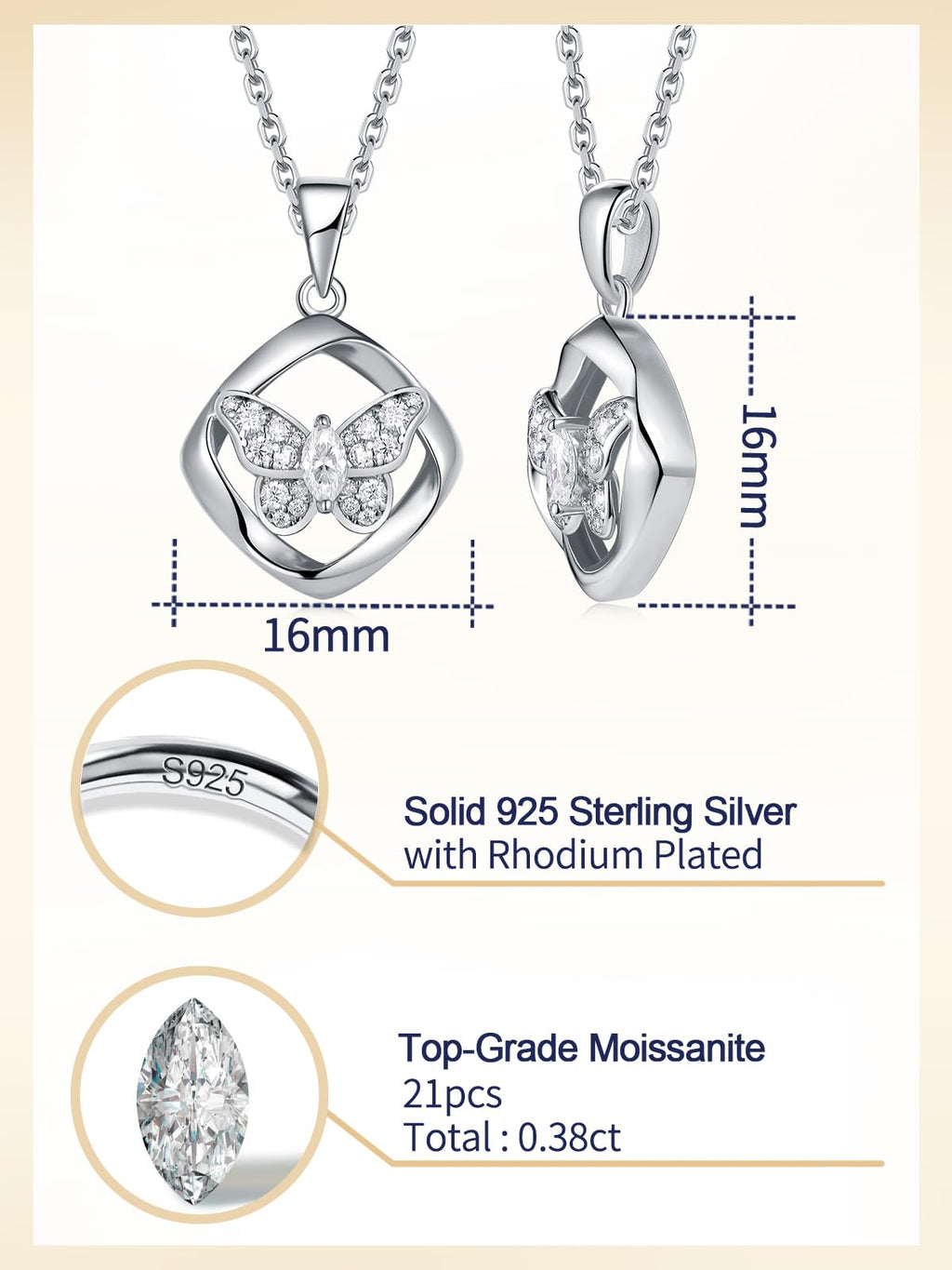 CYW Moissanite Butterfly Square Necklace for Women 925 Sterling Silver Chain Imitation Diamond Dainty Pendant Necklace