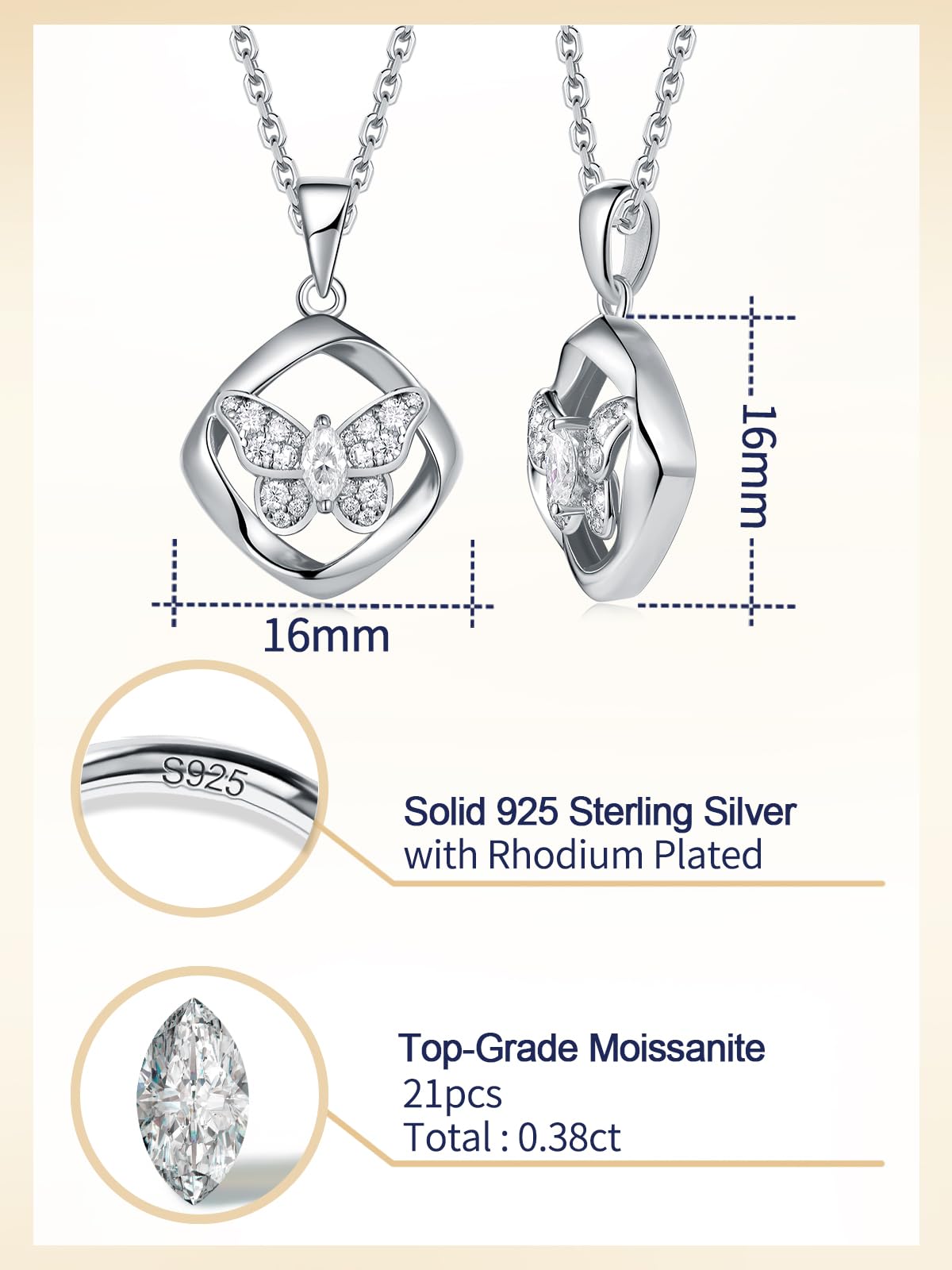CYW Moissanite Butterfly Square Necklace for Women 925 Sterling Silver Chain Imitation Diamond Dainty Pendant Necklace