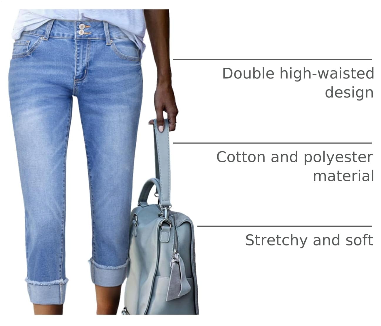 Sidefeel Women's High Waisted Stretchy Skinny Roll-up Summer Cuffed Cropped Denim Capri Pants Light Blue Size 6