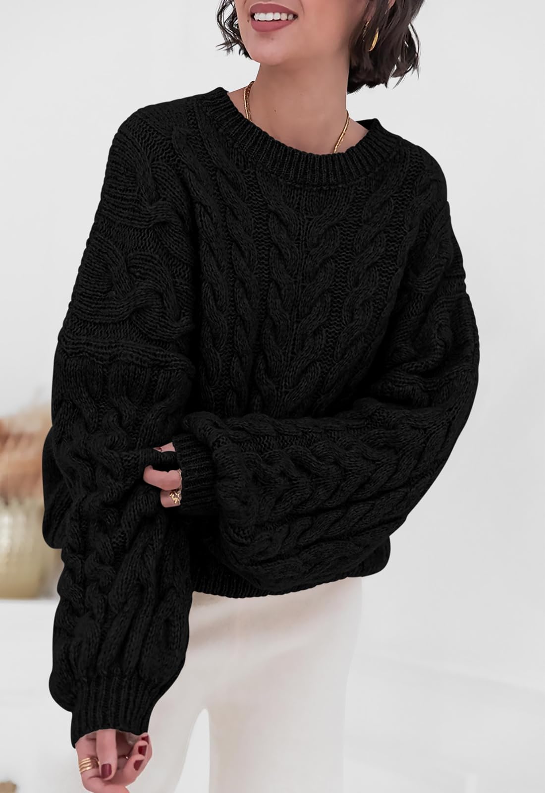 PRETTYGARDEN Womens Sweaters Spring 2026 Cable Knit Long Sleeve Crewneck Oversized Sweater Chunky Pullover Loose Outfits (Black, Medium)
