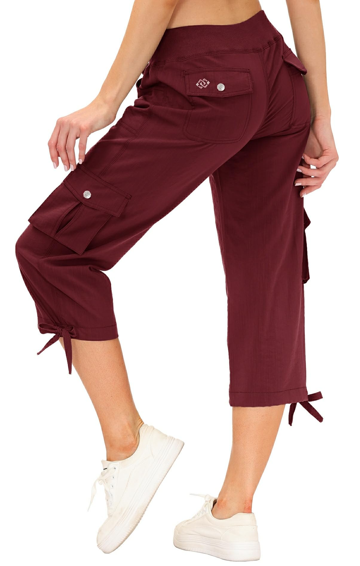 MoFiz Womens Capris with Pockets Loose Fit Casual Capri Pants Dressy Lightweight Ladies Baggy Cargo Pants for Hiking Burgundy Red