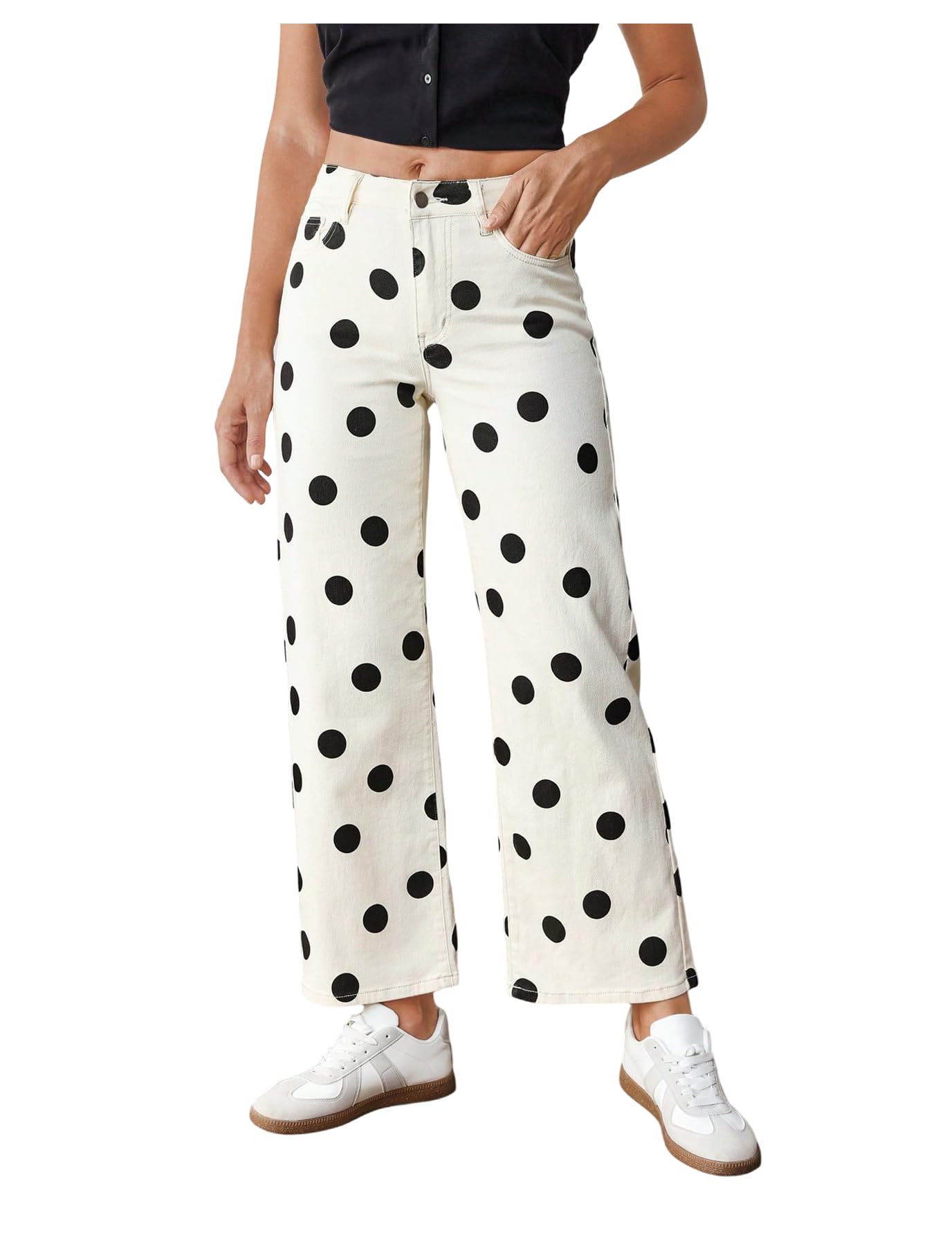 WDIRARA Women's Polka Dots Jeans Vintage Stretchy Straight Leg Denim Pants Beige 27