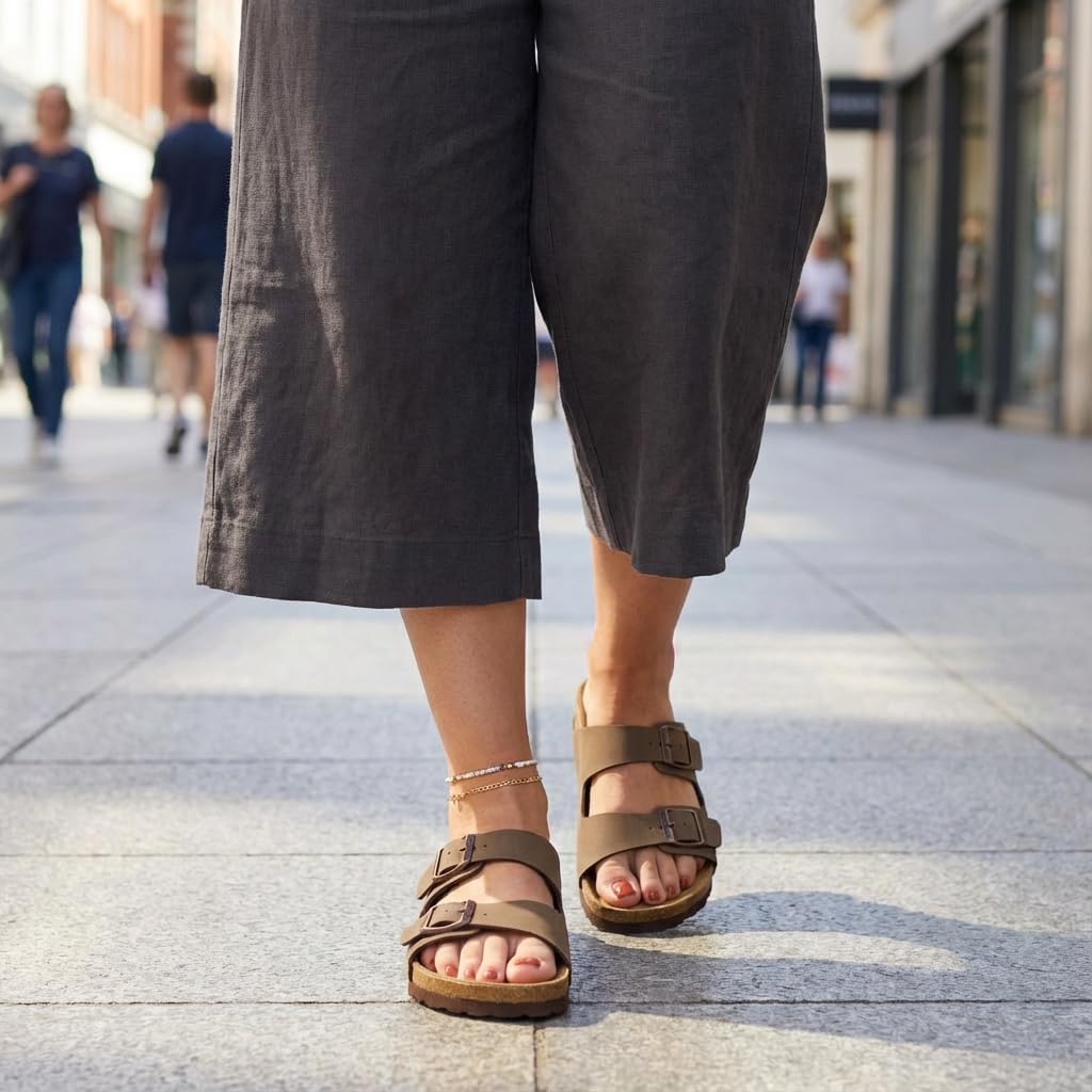 CUSHIONAIRE Lane Cork Footbed Womens Sandals Comfortable Double Buckle Slip On Sandals for Women with Arch Support and Classic Two Strap Design, BROWN 9W