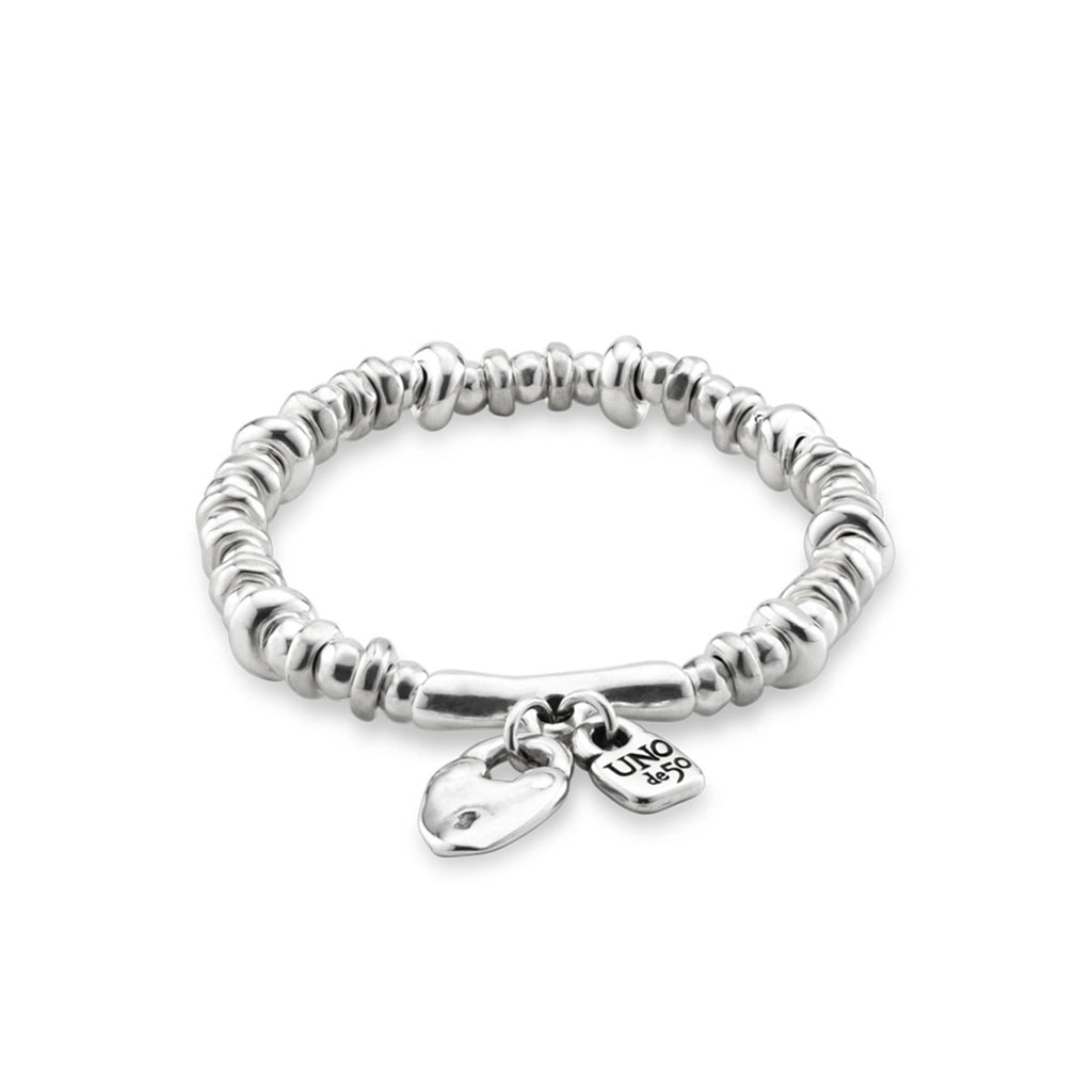 Uno de 50 HEART PADLOCK Stretch Bracelet, Sterling Silver-Plated