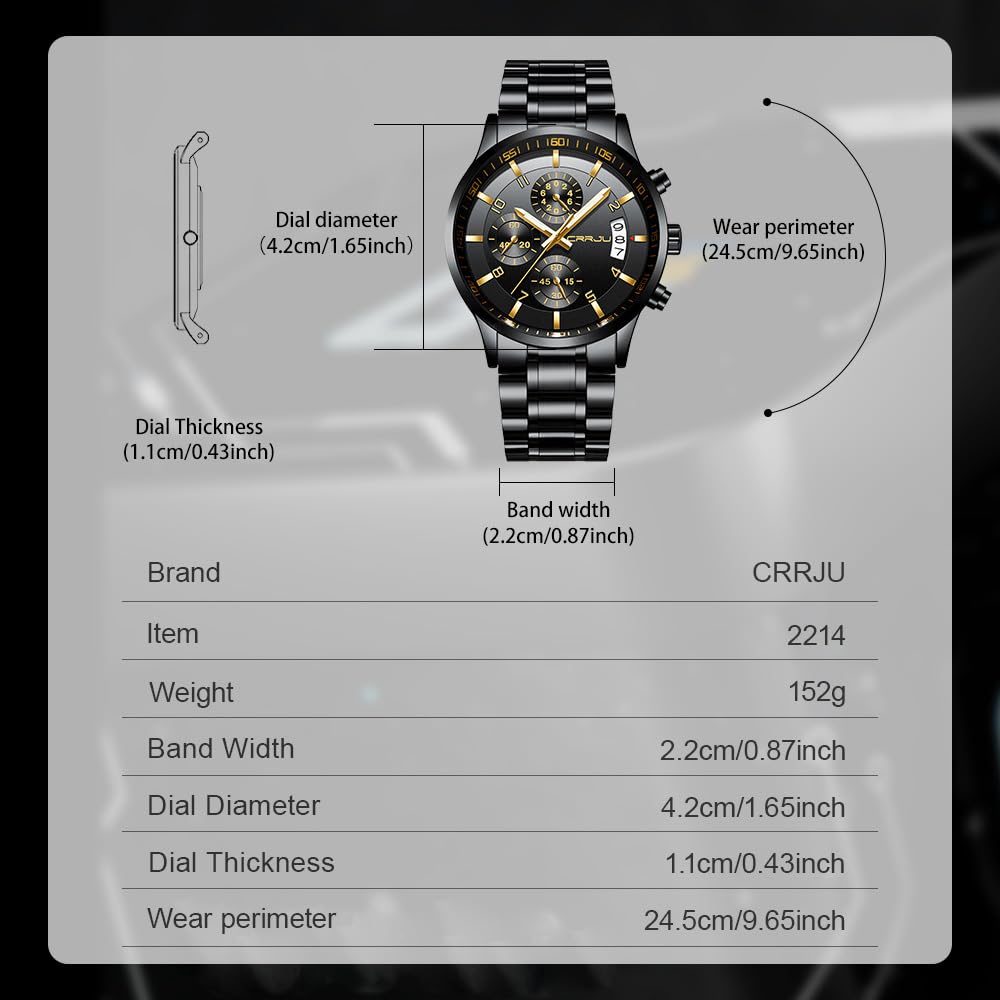 CRRJU Watches for Men,Fashion Luxury Casual Stainless Steel Japan Movement Waterproof Business Quartz Wristwatches,Man Black Golden Watch