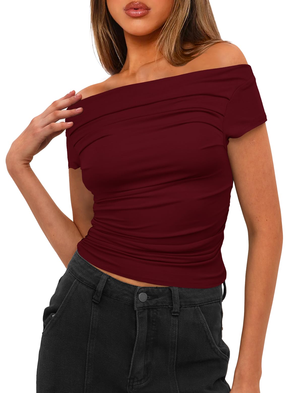 Darong Women's Classic Fit Short Sleeve Boat Neck T Shirt Y2K Tight Tshirts 9048 Wine Red M