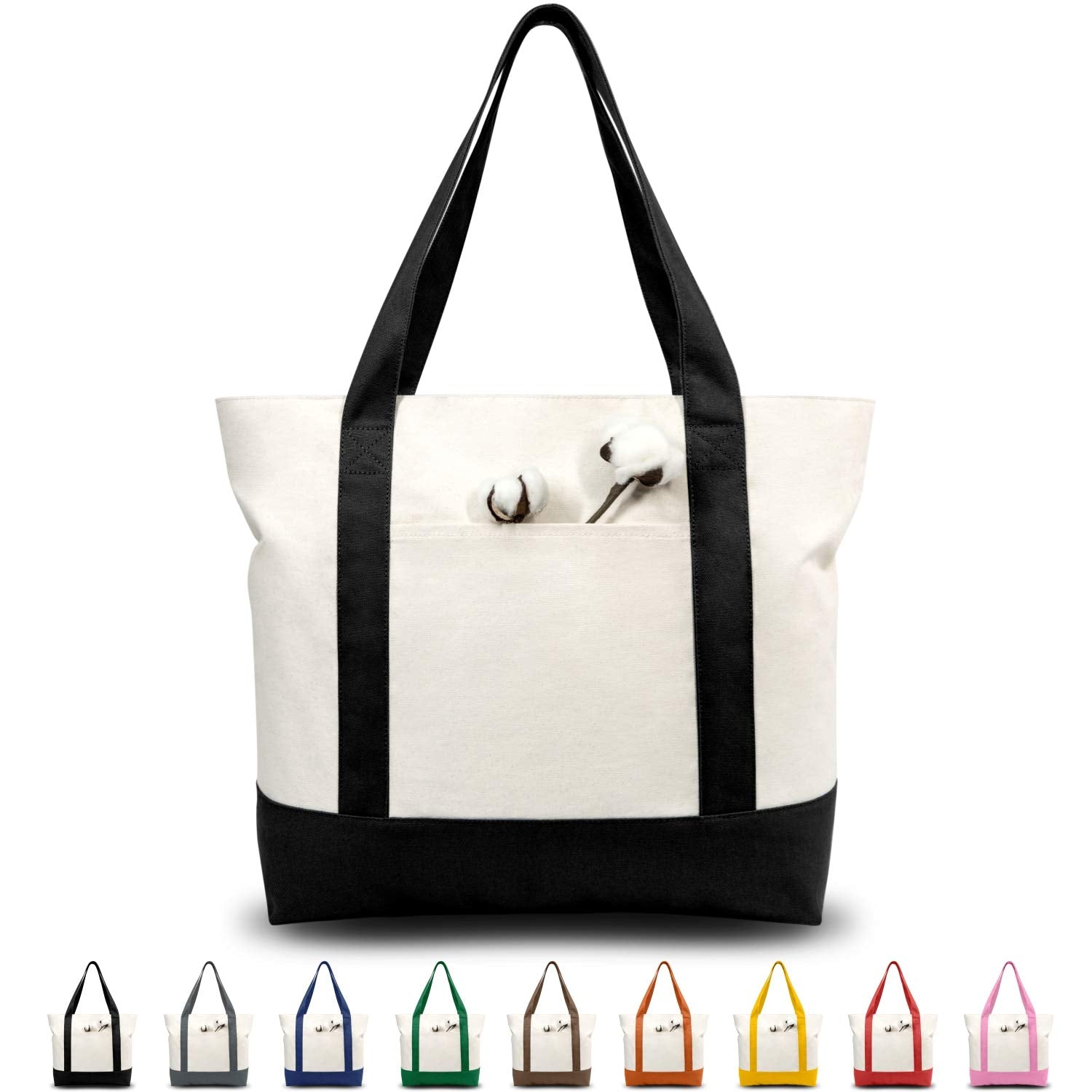 TOPDesign 1 | 3 | 6 | 30 Pack Canvas Tote Bag with an External Pocket, Reusable Grocery Shopping Bag, Top Zipper Closure, Daily Essentials (Black/Natural Pack of 1)