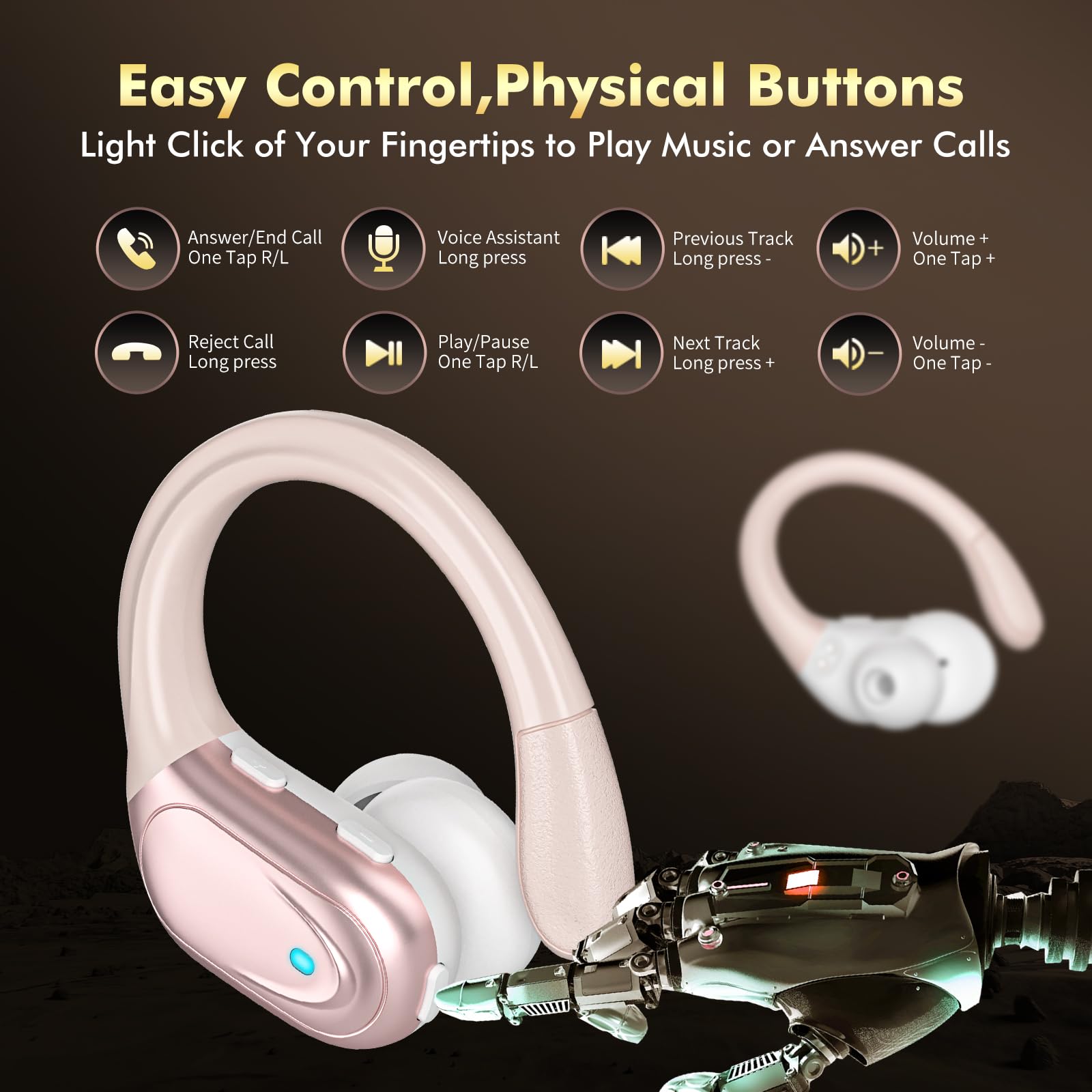 HAOYUYAN Wireless Earbuds, Sports Bluetooth Headphones, 80Hrs Playtime Ear Buds with LED Power Display, Noise Canceling Headset, IPX7 Waterproof Earphones for Workout/Running（Rose Gold）