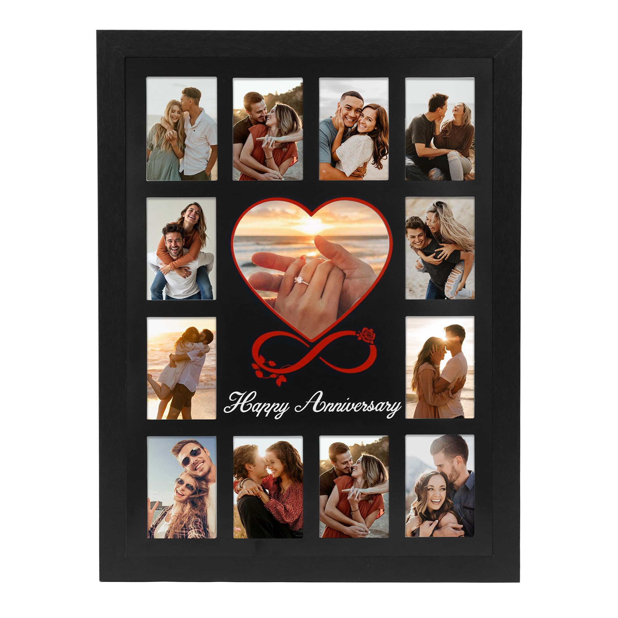 FramePro 12x16 Heart Anniversary Collage Picture Frame, DIY Names Custom Multi Photo Frame Holds 13 Photos, Anniversary Decorations Gifts for Couples Husband Wife, 1st Year Wedding & Valentine’s Day Gift Ideas (Black)