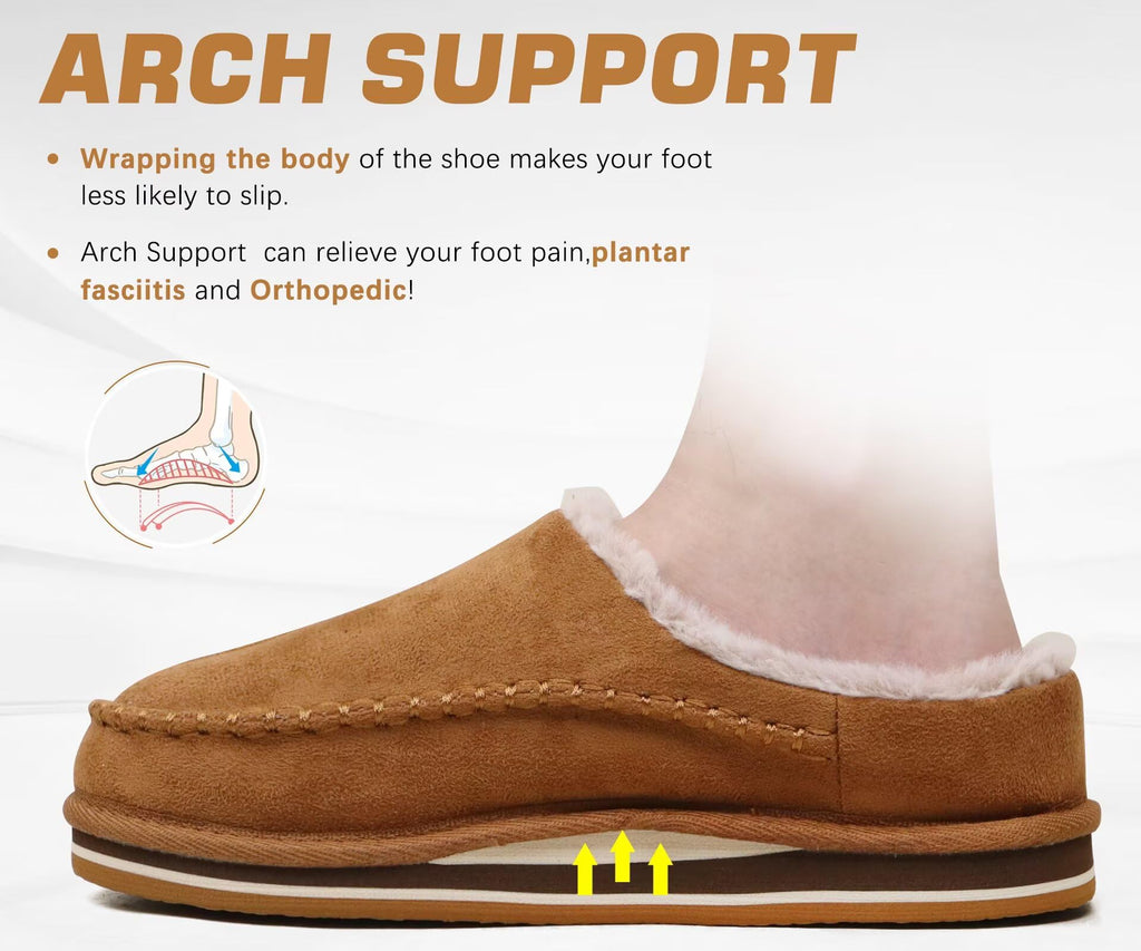 KuaiLu Mens Slippers with Orthopedic Arch Support Suede Faux Fur Fluff Plush Wool-like Warm House Shoes Comfortable Slip-on Bedroom Indoor Outdoor Clogs Slippers for Man, Size Khaki 7