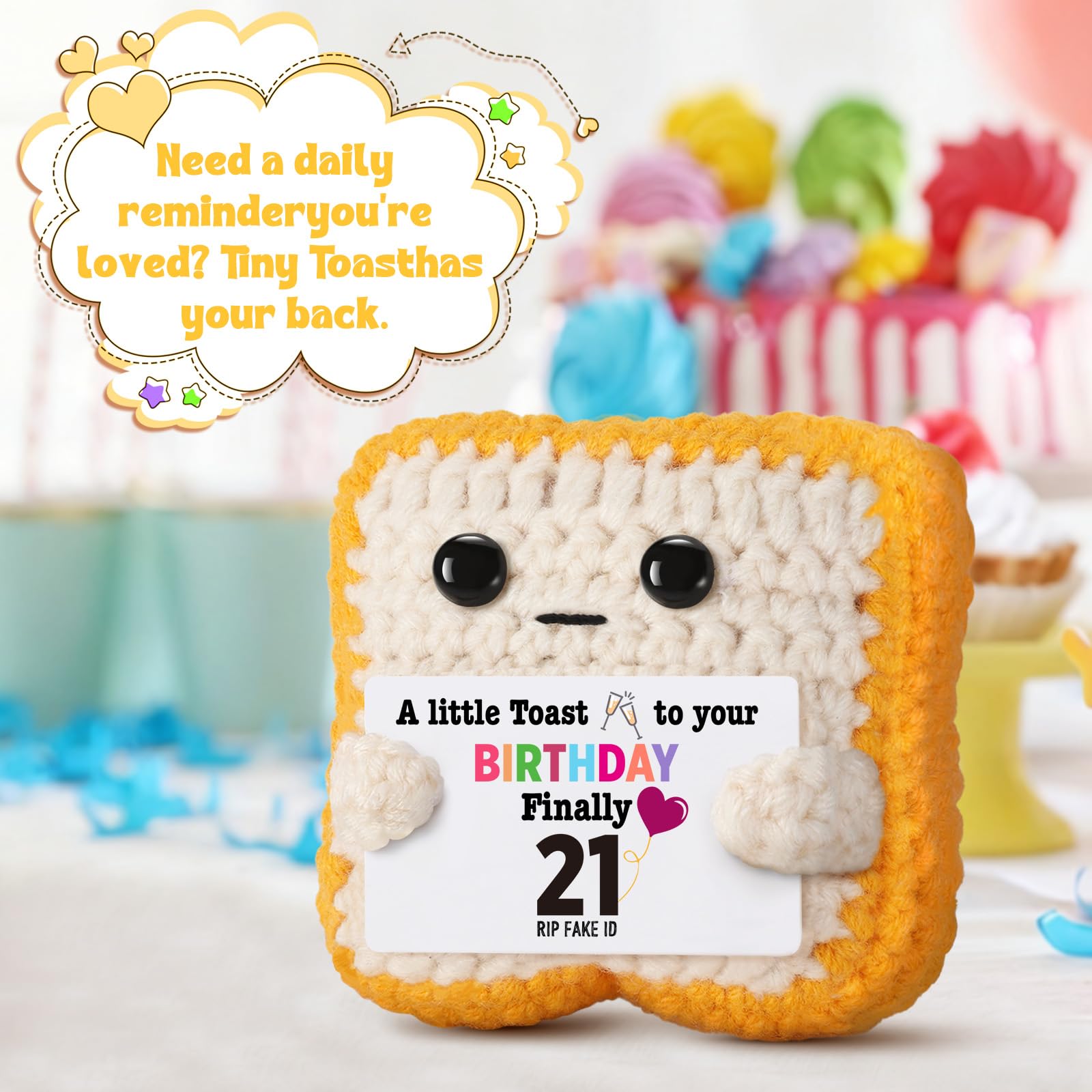 Ovrrcame Finally 21" Funny 21st Birthday Gifts for Her & Him - Crochet Toast with RlP Fake ID Gag Message - Unique Bar Cart Decor & Keepsake for Daughter, Son, Friend