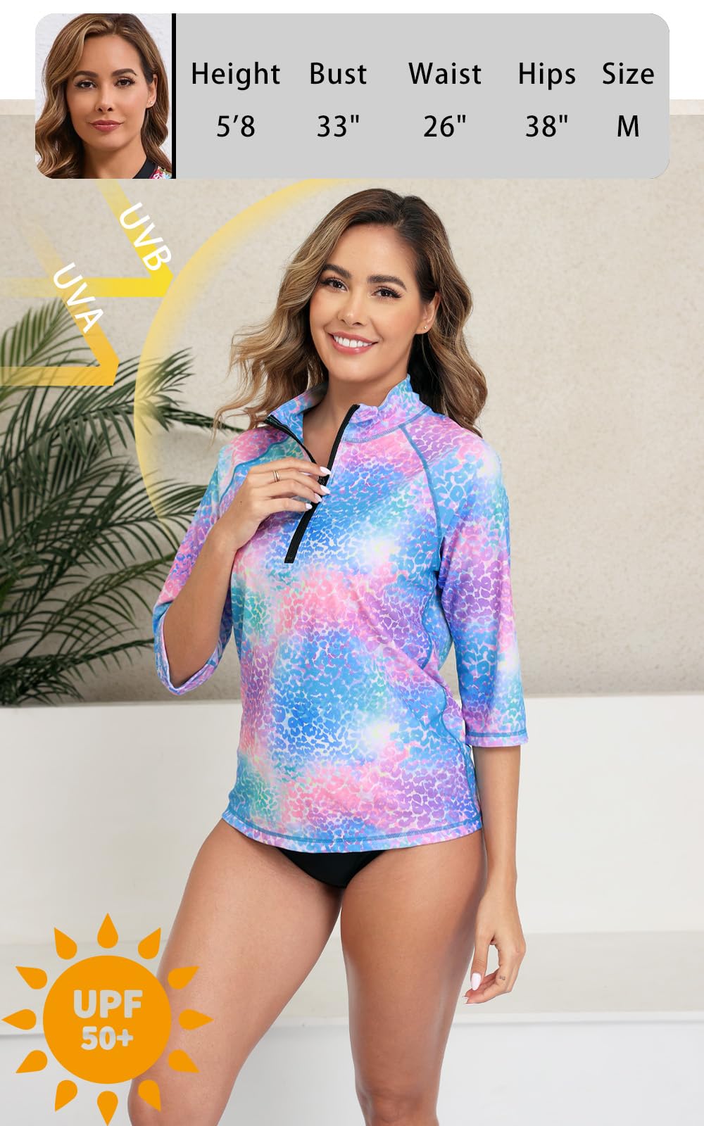 Halcurt Women's 3/4 Sleeve Rash Guard Swimsuit Top High Neck Half Zip Swim Shirt Only UPF50+ Quick Dry Bathing Suit Leopard M