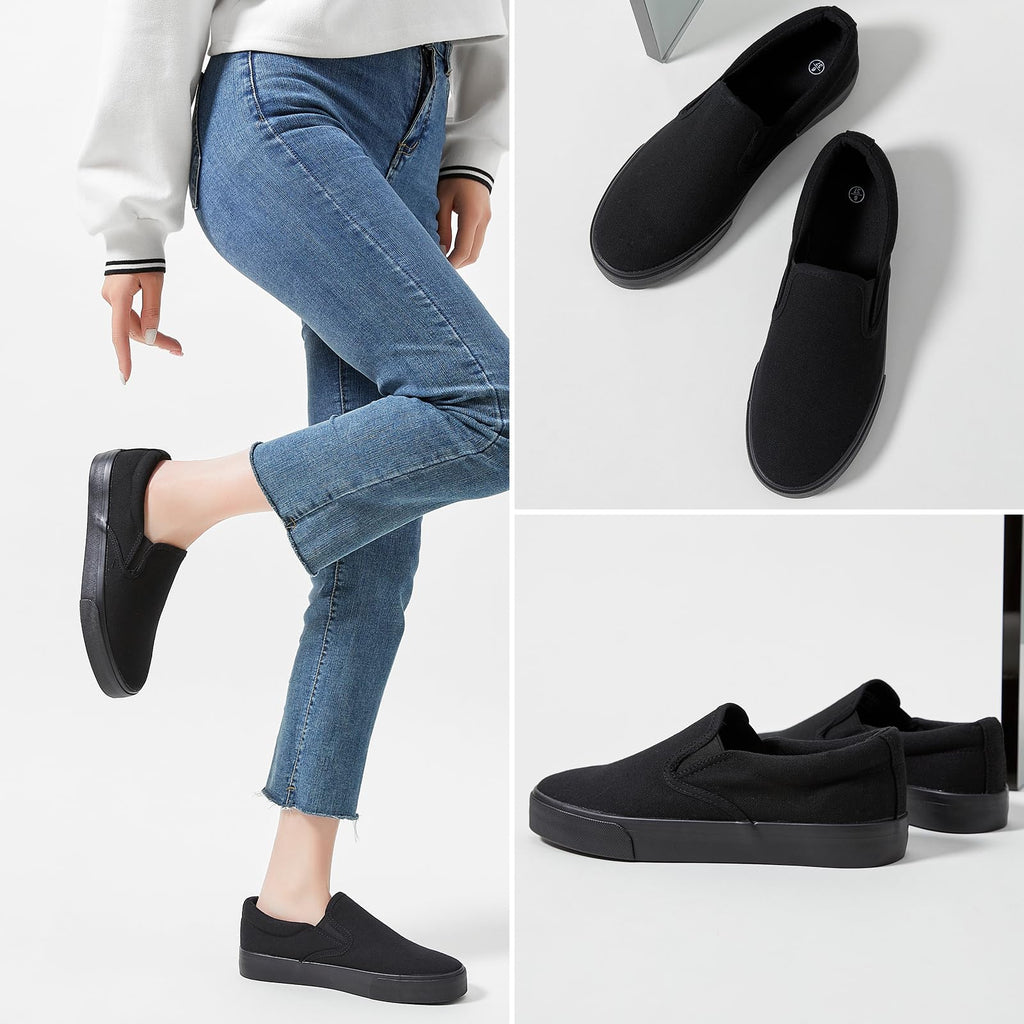 Women's Canvas Slip On Shoes Fashion Sneakers Flats Shoes White Canvas Shoes(Full Black.US8)