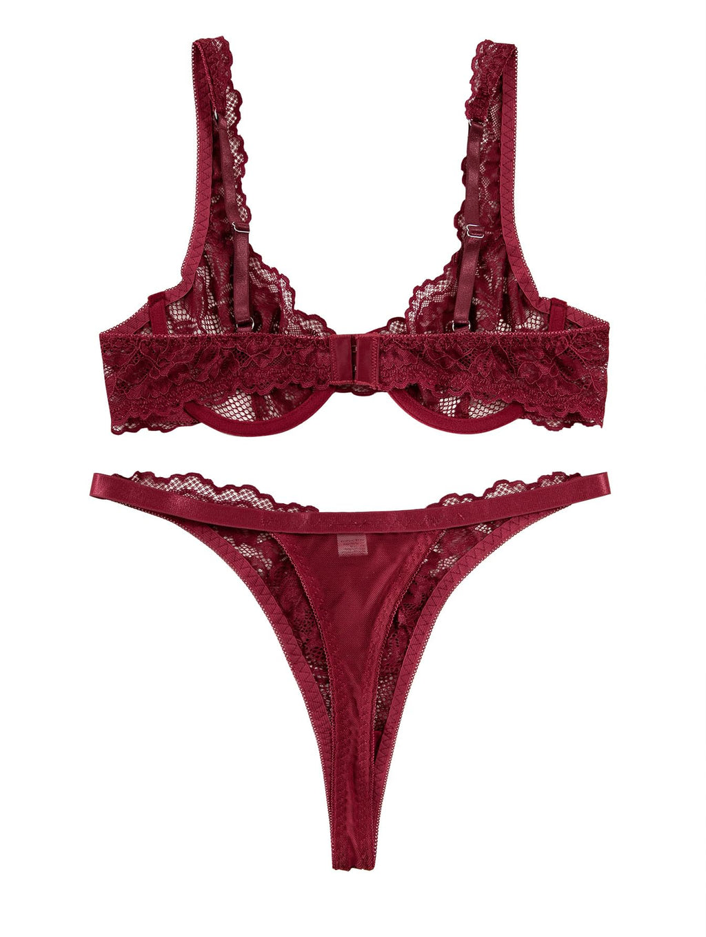 Lilosy Petite Sexy Floral Lace Scallop Underwire Push Up Sheer Lingerie Set Outfits Women See Through Match Thong Bra and Panty 2 Piece Burgundy Red #2 XXX-Small