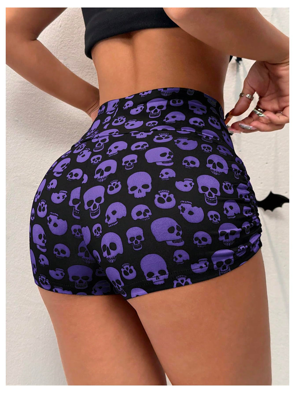 WDIRARA Women's Goth Graphic High Waisted Shorts Ruched Workout Athletic Yoga Biker Skeleton Shorts Purple Large