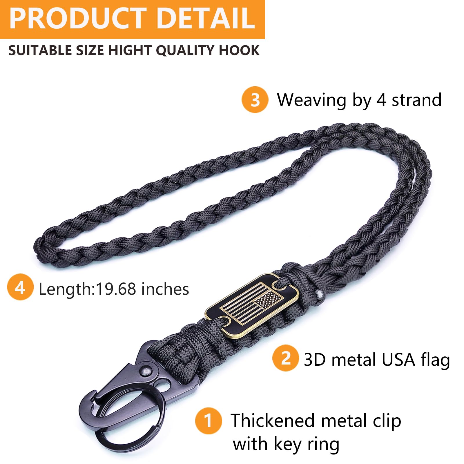 LUYADIN Paracord Lanyard Keychain with USA Flag,Parachute Rope Necklace Keychains for Outdoor Activities,Keys,Whistle