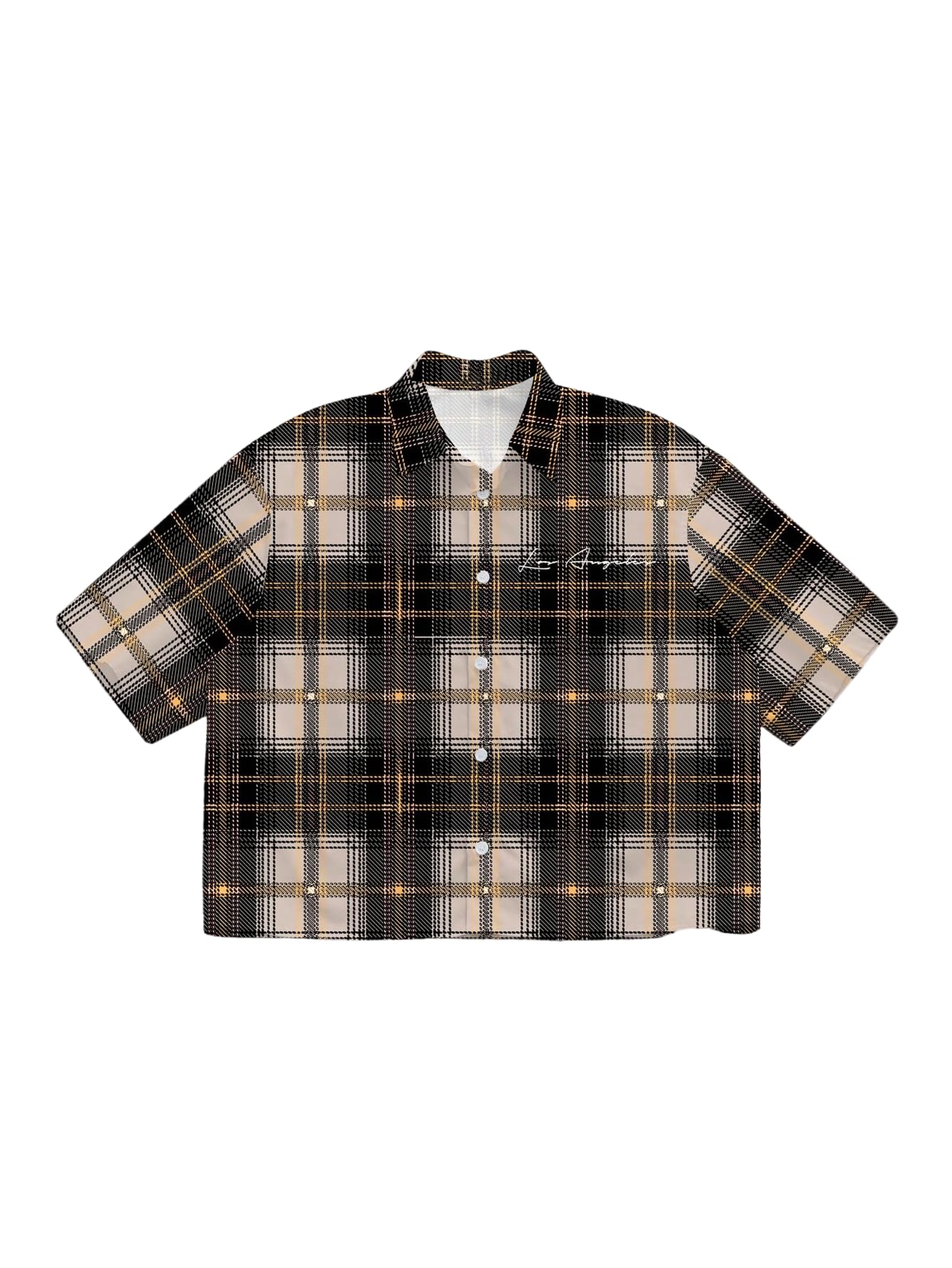 VIPWOLF Men's Plaid Shirts Gingham Short Sleeve Button Down Crop Tee Tops Brown Plaid Large