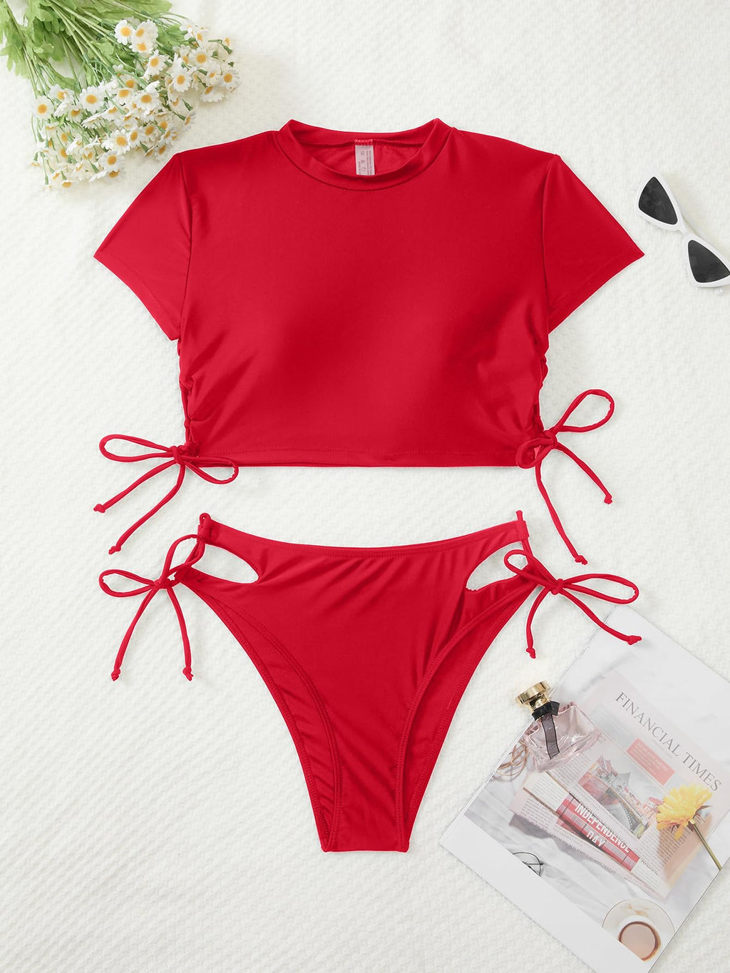 Lilosy Drawstring Bikini Set Srting Swimsuit Short Sleeve Top and Tie Side Bottom 2 Piece Women Bathing Suit Red Medium