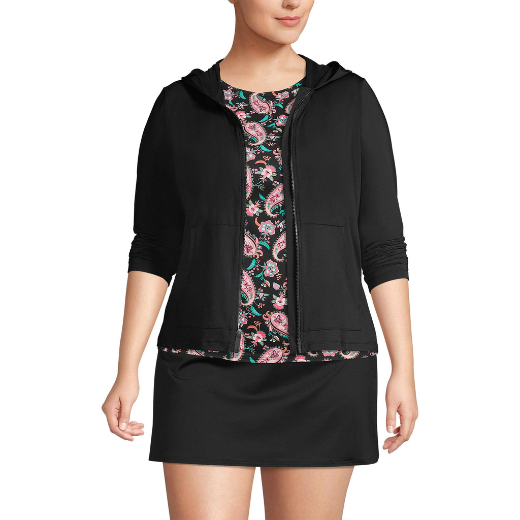 Lands' End Women's Sunshade UPF 50 Hooded Zip Front Rash Guard Black Petite X-Small