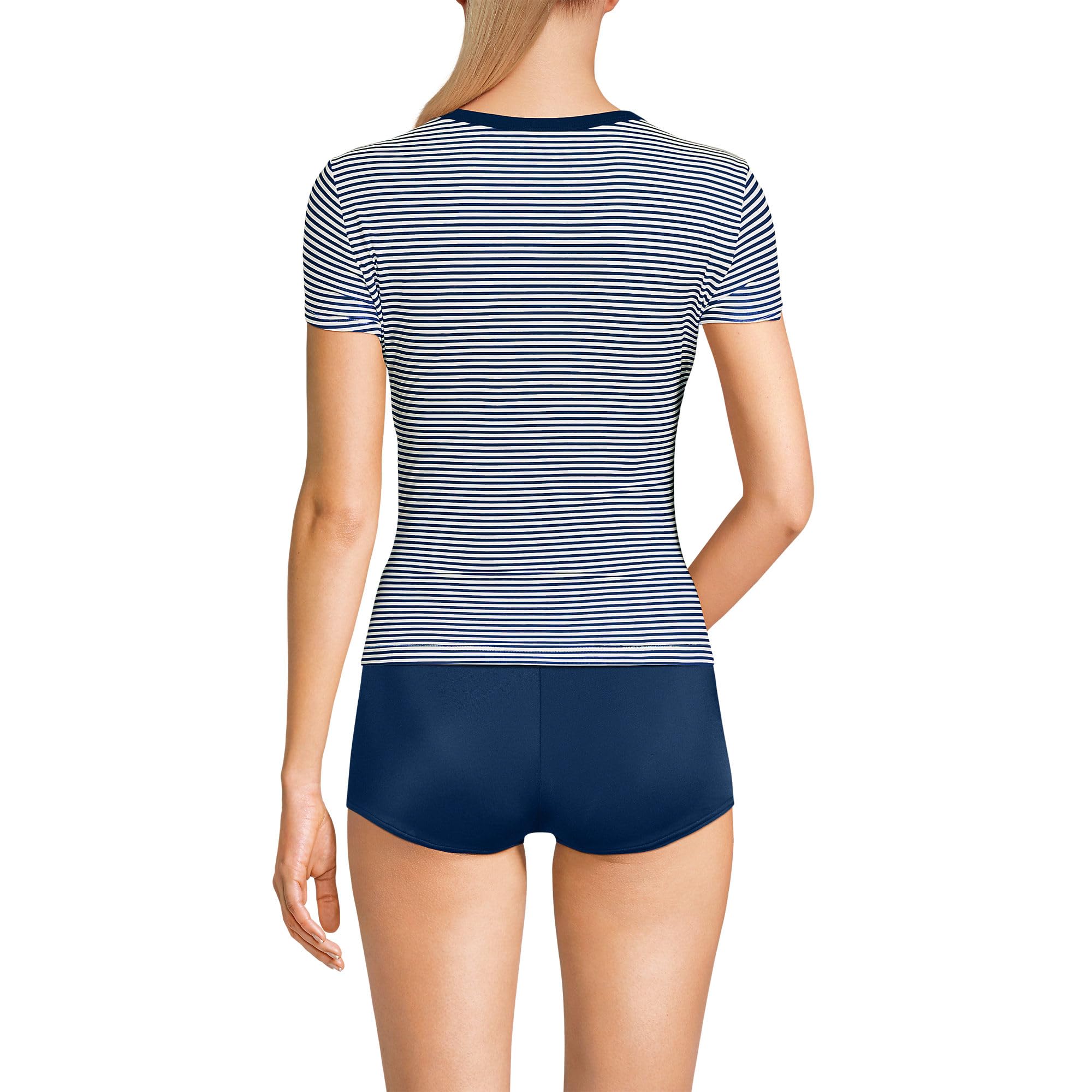 Lands' End Women's Sunshade UPF 50 Cap Sleeve Fitted with Built in Bra Rash Guard X-Large Deep Sea Navy Mini Stripe