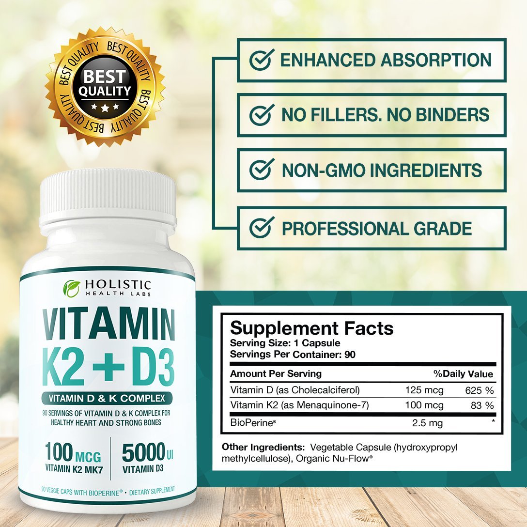 Max Absorption Vitamin K2 + D3 (5000IU) 90 Veggie Capsules From MK-7 (Menaquinone-7) and Cholecalciferol (With BioPerine) 3-Months Supply – D3 with K2 For Healthy Heart and Strong Bones | Non-GMO