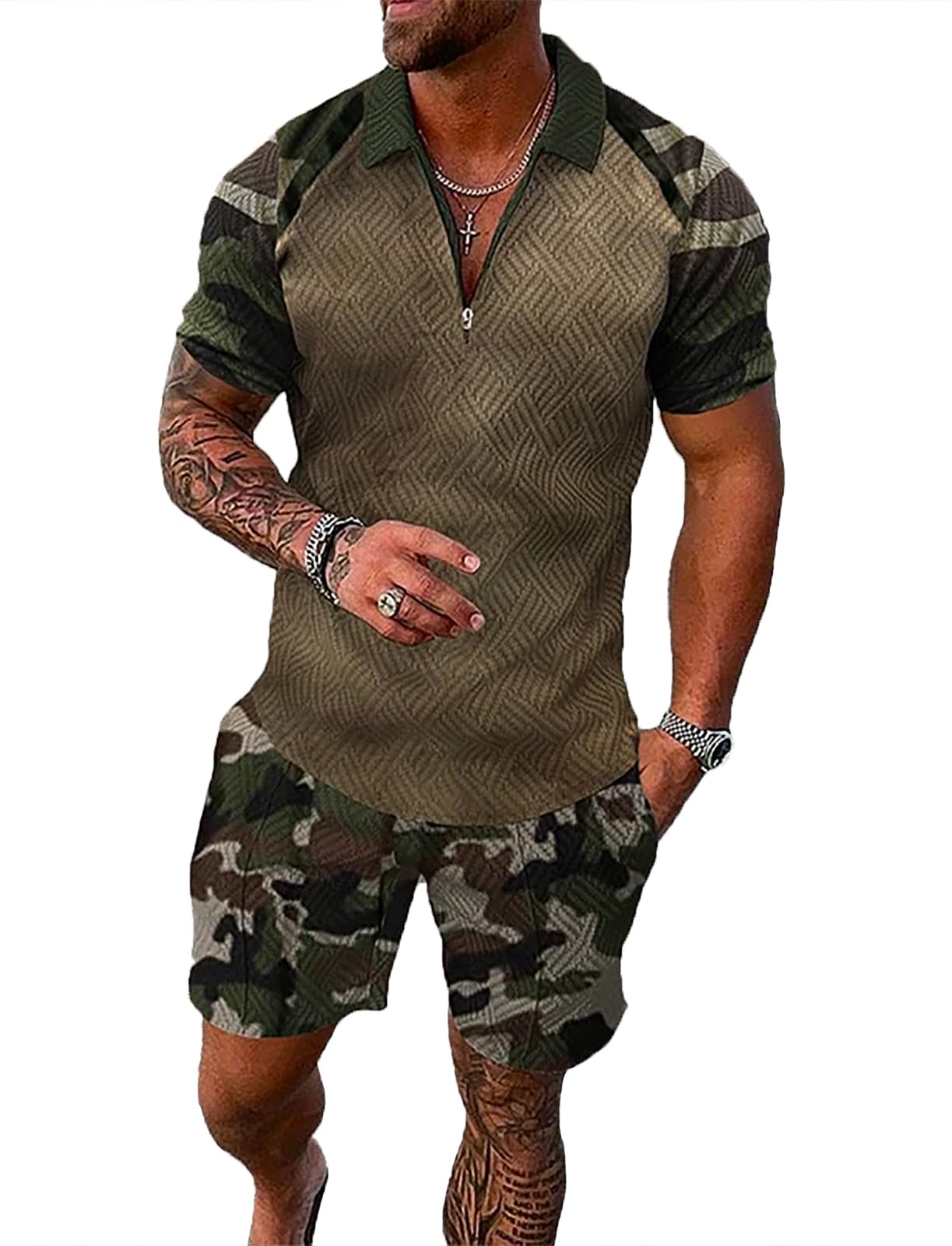 BIRW Army Green Camouflage S Mens Short Sets 2 Piece Outfits Polo Shirt Fashion Summer Tracksuits Casual Set Short Sleeve and Shorts Set for Men