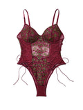 Lilosy Women Sexy Lace Up Floral Embroidered Teddy Babydoll Lingerie Bodysuit Top Mesh Sheer One Piece See Through Burgundy Medium
