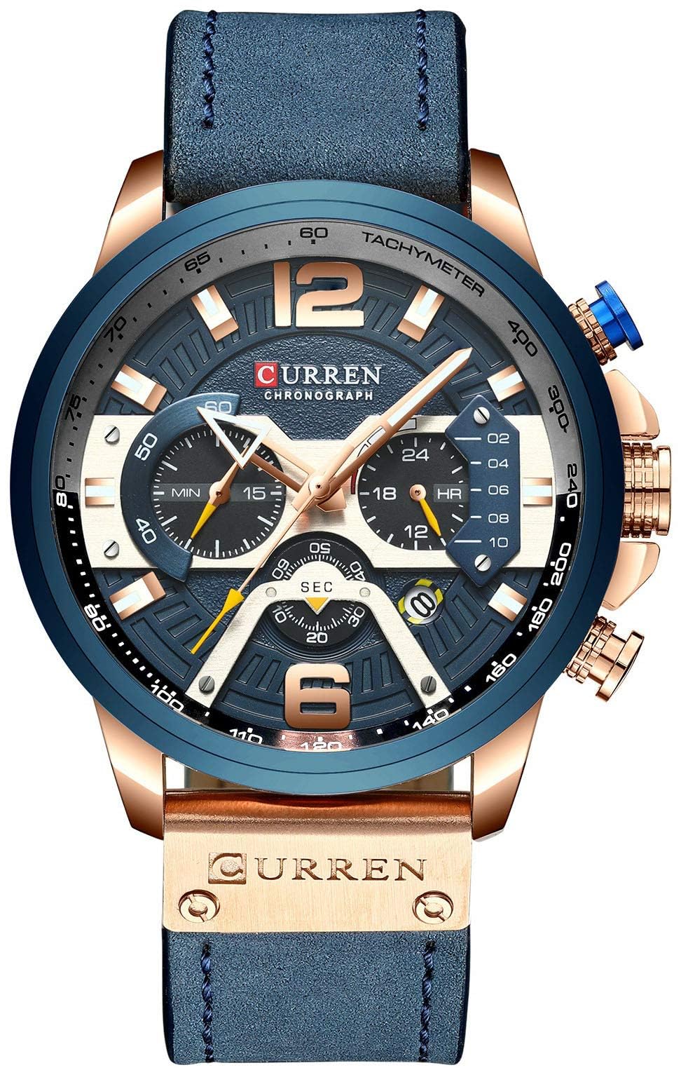 FANMIS Mens Luxury Watches Business Chronograph Dress Waterproof Leather Strap Analog Quartz Wrist Watch (Blue Rose)