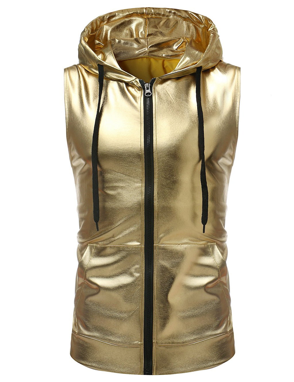 ZEROYAA Mens Hipster Metallic Zip Up Sleeveless Hooded Vest T Shirt with Kangaroo Pocket Z86 Gold Medium
