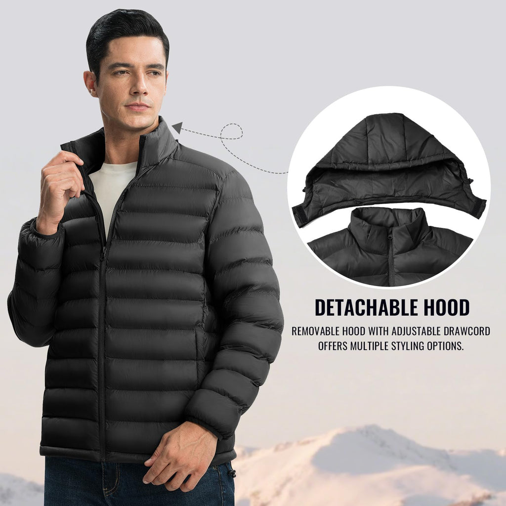 Rdruko Men's Puffer Jacket with Detachable Hood Lightweight Water Resistant Insulated Winter Puffy Coat, Black, 3X-Large