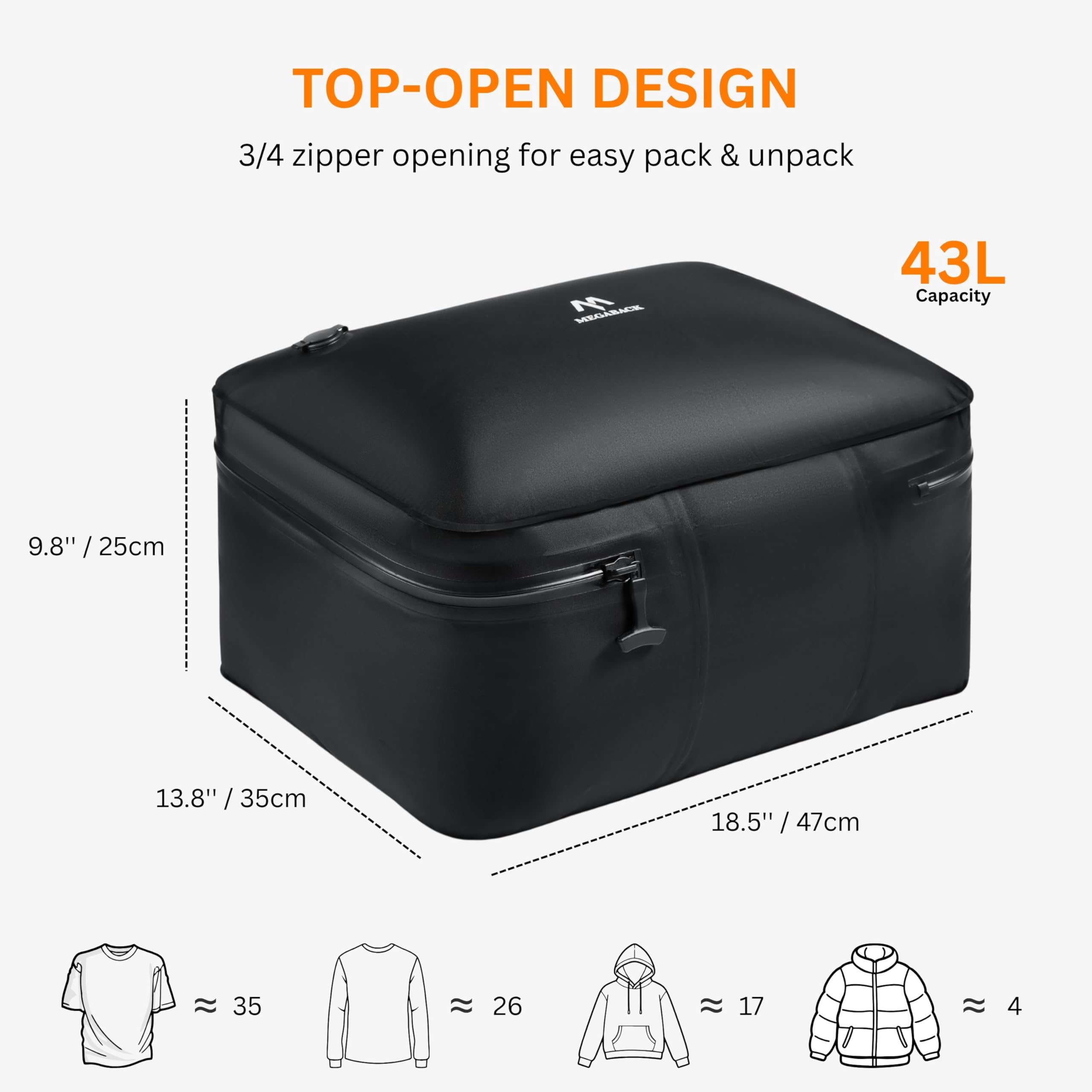 Megaback Vacuum Bags for Travel with Pump, Reusable Vacuum Compression Bags for Luggage, IP68 Waterproof, Top-open Design, Fits 20/24/28 Inch Suitcase (2PC+Pump, 43L)