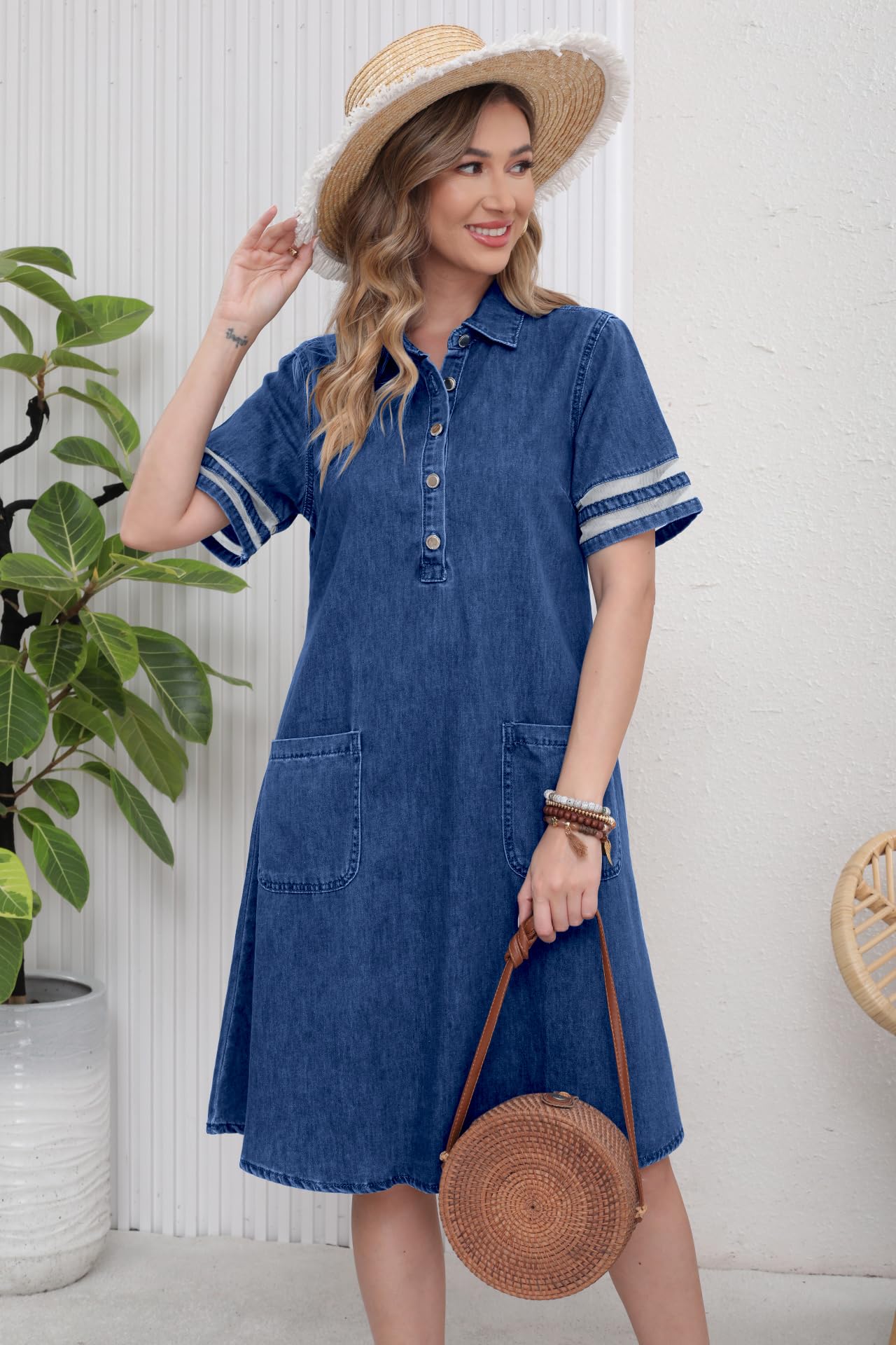 utcoco Denim Dress for Women 2025 Casual Tulle Short Sleeve Button Jean Midi Dress with Pockets (Large, Dark Blue)