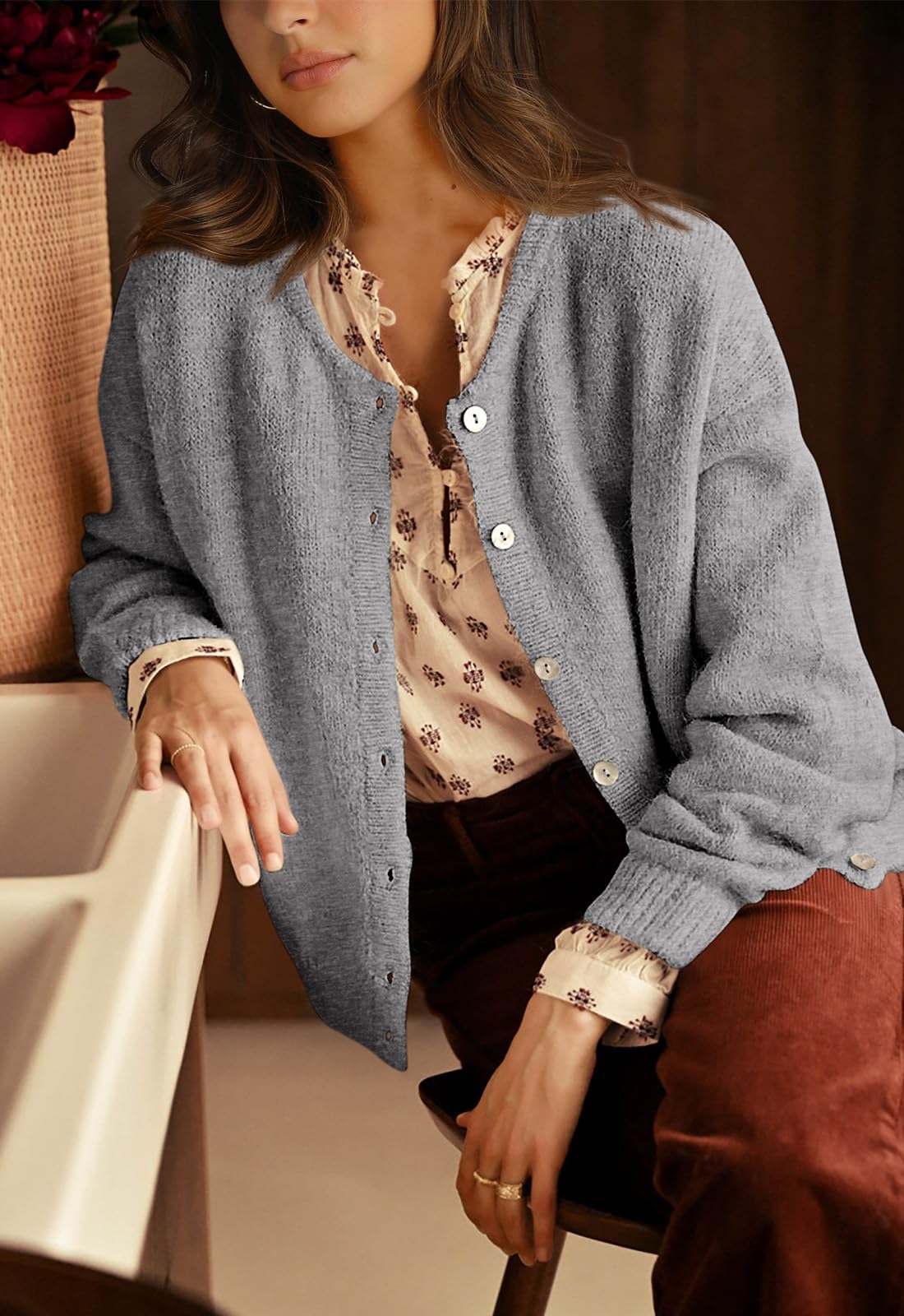 PRETTYGARDEN Long Sleeve Crewneck Button Down Womens Sweaters Fall Open Front Chunky Cardigan Sweaters for Women 2026 (Grey, Medium)