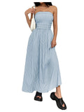 Milumia Women's Striped Strapless Maxi Dress Summer Casual Tube Top Long Dresses with Pocket Blue and White X-Small