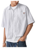 SweatyRocks Men's Striped Button Down Shirt Short Sleeve Collared Loose Fit Crop Shirt with Pocket White X-Small