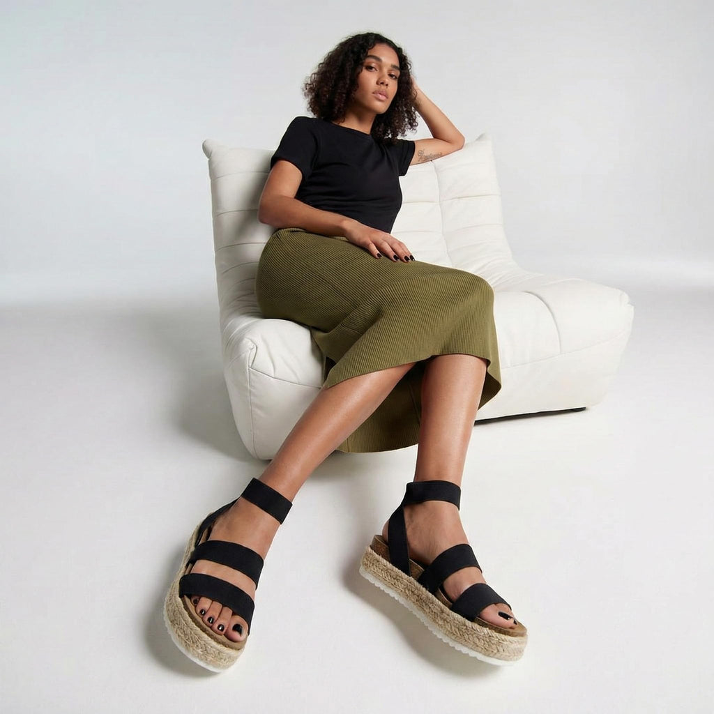 CUSHIONAIRE Mandy Wedge Sandals for Women 2026 – Strappy Platform Sandals with Arch Support, Cute Summer Espadrille-Style Platform Dressy Slip-On, BLACK 9