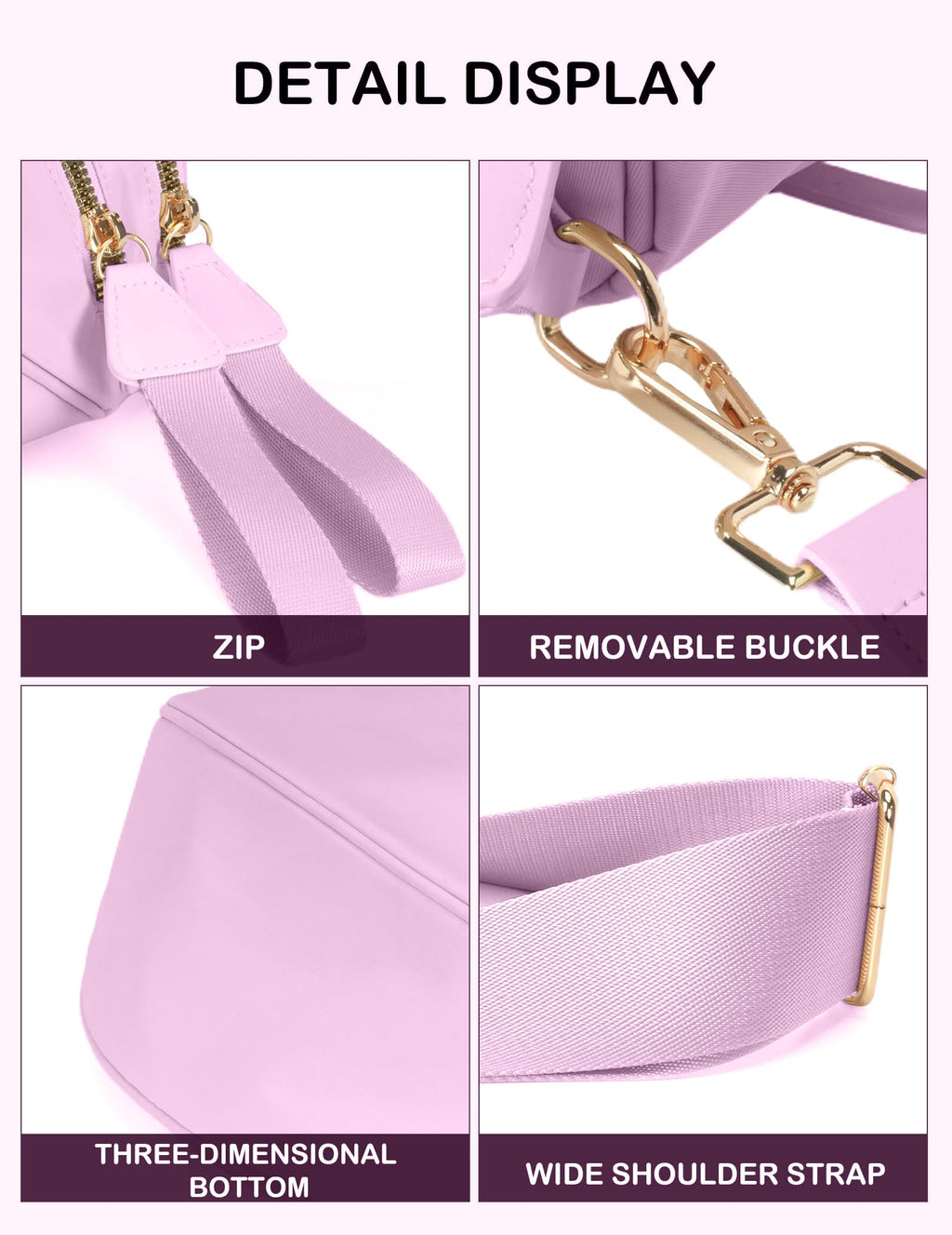 FEIBOON Spacious Nylon Crossbody Bag Bum Bag Handbags Wallets Purses Trendy Shoulder Bag for Women (Light purple)